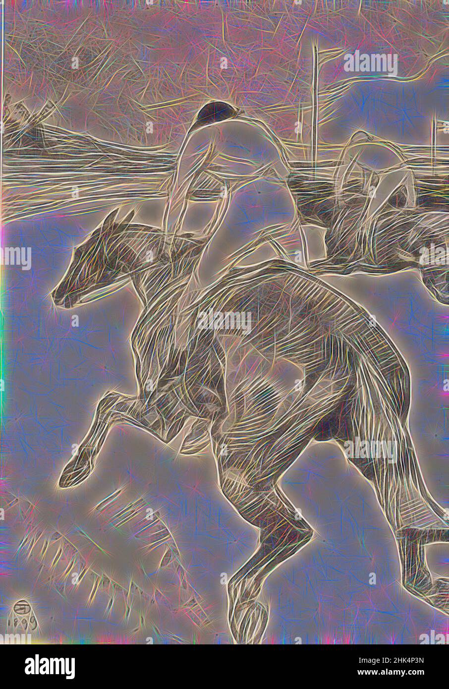 Ispirato da le Jockey, Henri de Toulouse-Lautrec, francese, 1864-1901, litografia su carta cinese, 1899, immagine: 20 1/4 x 14 3/16 in., 51,5 x 36 cm, reinventato da Artotop. L'arte classica reinventata con un tocco moderno. Design di calda e allegra luminosità e di raggi di luce. La fotografia si ispira al surrealismo e al futurismo, abbracciando l'energia dinamica della tecnologia moderna, del movimento, della velocità e rivoluzionando la cultura Foto Stock