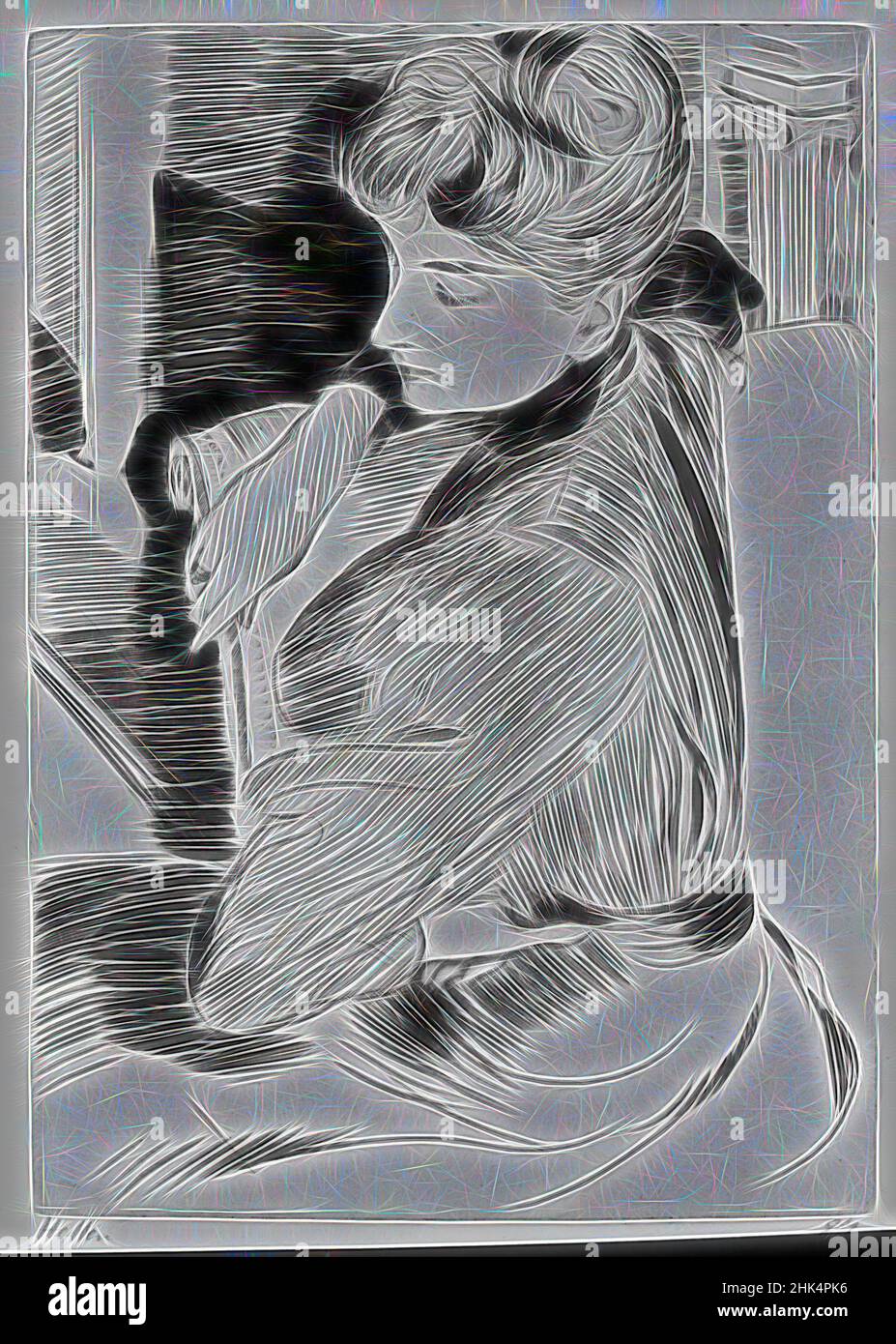 Ispirato alla meditazione, Paul-César Helleu, francese, 1859-1927, DRYPOINT su carta stampata, 1894, 11 x 7 13/16 pollici, 27,9 x 19,8 cm, reinventato da Artotop. L'arte classica reinventata con un tocco moderno. Design di calda e allegra luminosità e di raggi di luce. La fotografia si ispira al surrealismo e al futurismo, abbracciando l'energia dinamica della tecnologia moderna, del movimento, della velocità e rivoluzionando la cultura Foto Stock