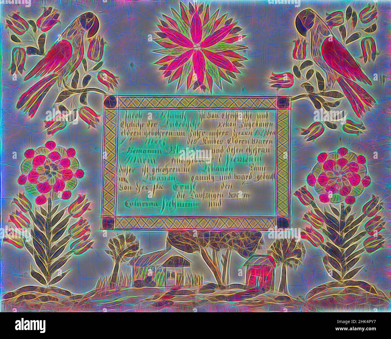 Ispirato a Fractur Drawing, Pen, 1827, 12 3/4 x 16 in., 32,4 x 40,6 cm, artigianato, arti domestiche, folk, arte popolare, Needlework, Pennsylvania olandese, reinventato da Artotop. L'arte classica reinventata con un tocco moderno. Design di calda e allegra luminosità e di raggi di luce. La fotografia si ispira al surrealismo e al futurismo, abbracciando l'energia dinamica della tecnologia moderna, del movimento, della velocità e rivoluzionando la cultura Foto Stock