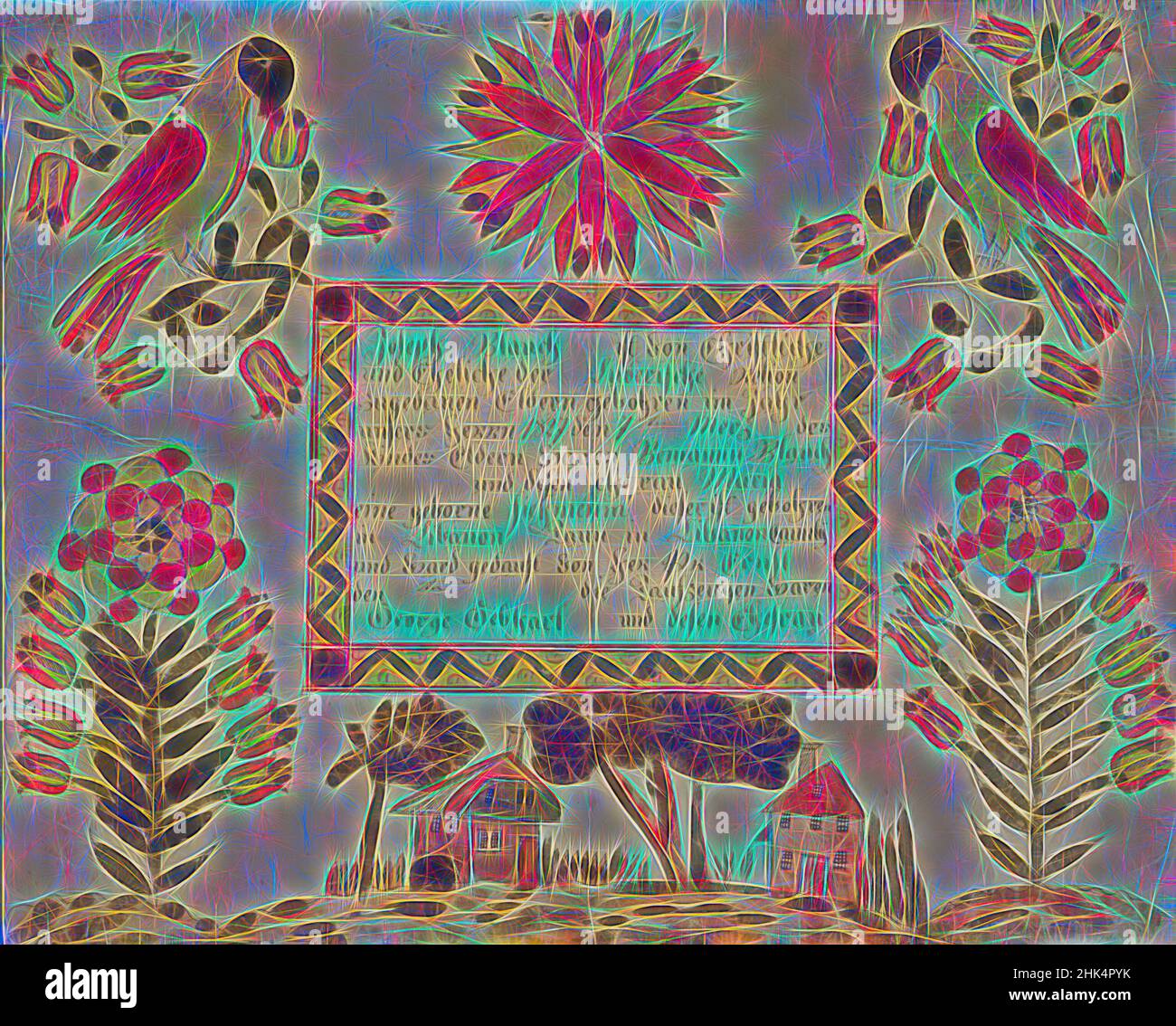 Ispirato a Fractur Drawing, Pen, 1827, 12 3/4 x 16 in., 32,4 x 40,6 cm, reinventato da Artotop. L'arte classica reinventata con un tocco moderno. Design di calda e allegra luminosità e di raggi di luce. La fotografia si ispira al surrealismo e al futurismo, abbracciando l'energia dinamica della tecnologia moderna, del movimento, della velocità e rivoluzionando la cultura Foto Stock