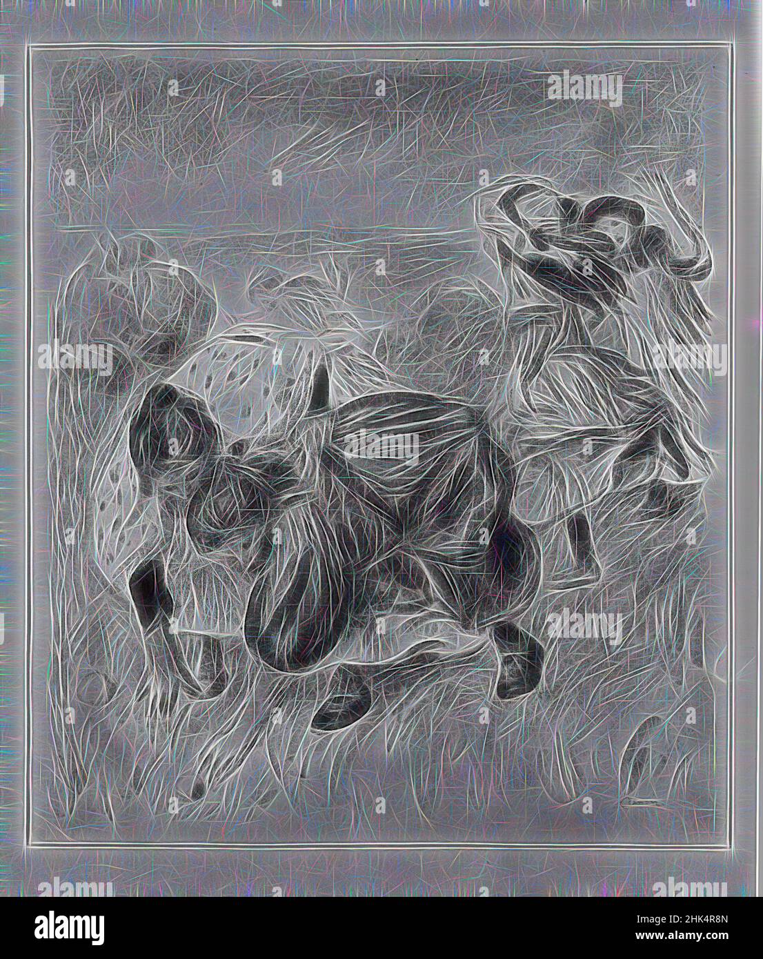 Ispirato da una palla da gioco per bambini, Enfants jouant à la balle, Pierre-Auguste Renoir, francese, 1841-1919, litografia su carta stampata, Francia, ca. 1900, 23 5/8 x 20 1/16 pollici, 60 x 51 cm, reinventato da Artotop. L'arte classica reinventata con un tocco moderno. Design di calda e allegra luminosità e di raggi di luce. La fotografia si ispira al surrealismo e al futurismo, abbracciando l'energia dinamica della tecnologia moderna, del movimento, della velocità e rivoluzionando la cultura Foto Stock