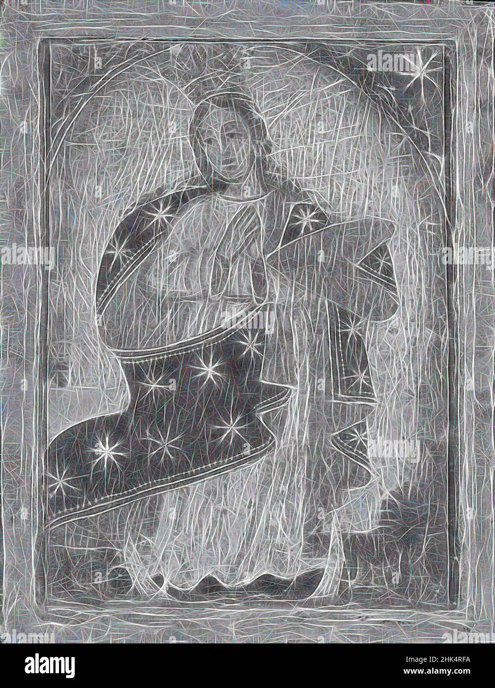 Ispirata alla Vergine come Regina del Cielo, olio su pannello, 6 1/4 x 4 13/16 pollici, 15,9 x 12,2 cm, reinventata da Artotop. L'arte classica reinventata con un tocco moderno. Design di calda e allegra luminosità e di raggi di luce. La fotografia si ispira al surrealismo e al futurismo, abbracciando l'energia dinamica della tecnologia moderna, del movimento, della velocità e rivoluzionando la cultura Foto Stock