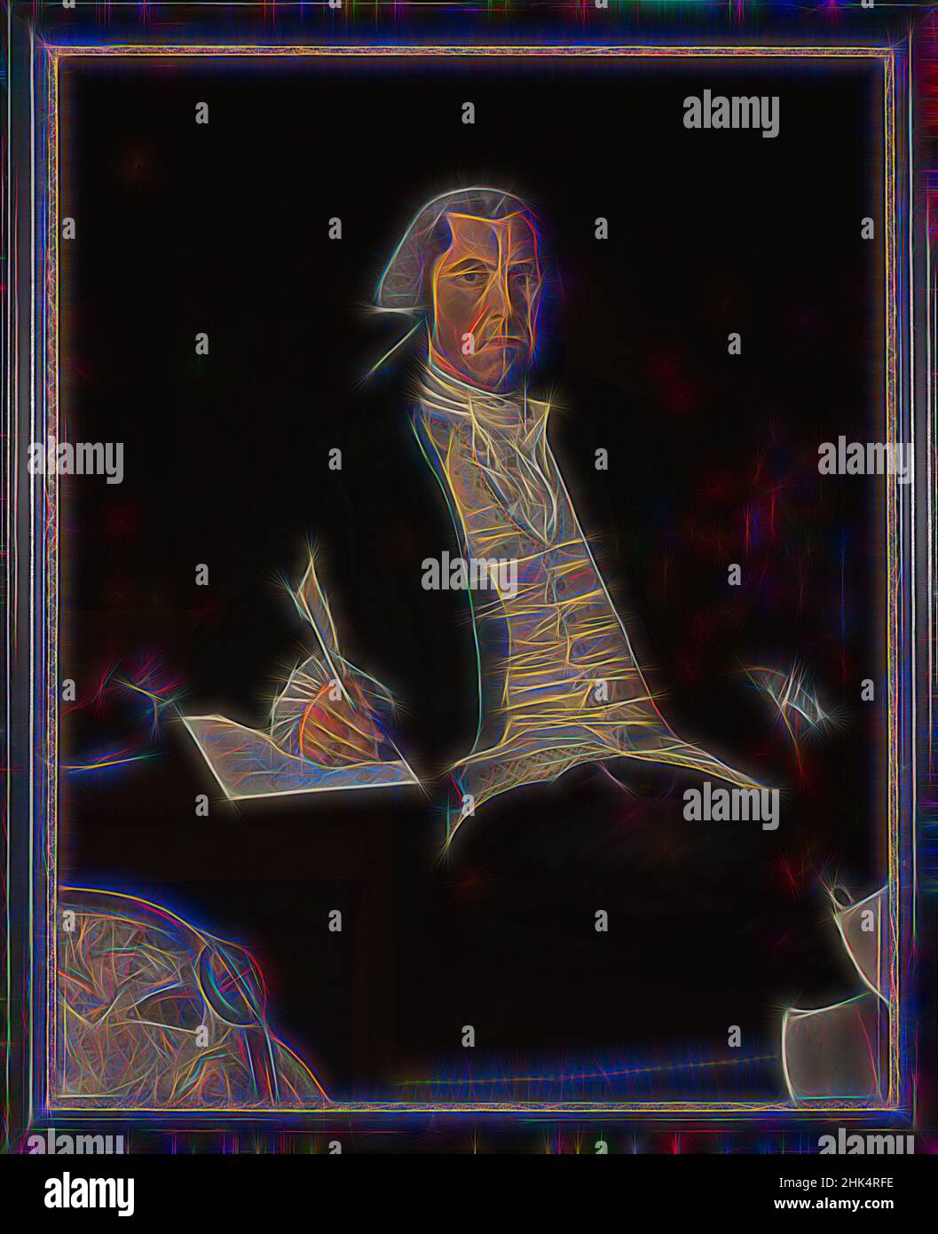 Ispirato da John Vinall, John Mason Furness, americano, 1763-1804, olio su tela, circa 1792, 49 5/16 x 39 7/16 pollici, 125,2 x 100,2 cm, alla scrivania, ca. 1792, penna piuma, globo, lettera, maschio, olio, pittura, ritratto, quill, luce streaming, Uomo bianco, parrucca, scrittura, raggi X, reinventato da Artotop. L'arte classica reinventata con un tocco moderno. Design di calda e allegra luminosità e di raggi di luce. La fotografia si ispira al surrealismo e al futurismo, abbracciando l'energia dinamica della tecnologia moderna, del movimento, della velocità e rivoluzionando la cultura Foto Stock