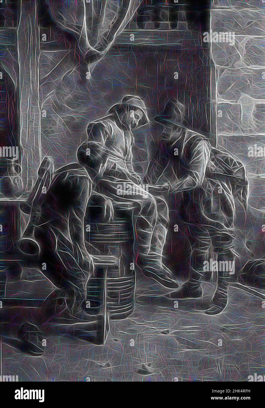 Ispirato da Tavern Scene, Jean Charles Meissonier, francese, 1848-1917, olio su tela, Francia, 1888, 19 11/16 x 14 1/8 pollici, 50 x 35,9 cm, reinventato da Artotop. L'arte classica reinventata con un tocco moderno. Design di calda e allegra luminosità e di raggi di luce. La fotografia si ispira al surrealismo e al futurismo, abbracciando l'energia dinamica della tecnologia moderna, del movimento, della velocità e rivoluzionando la cultura Foto Stock