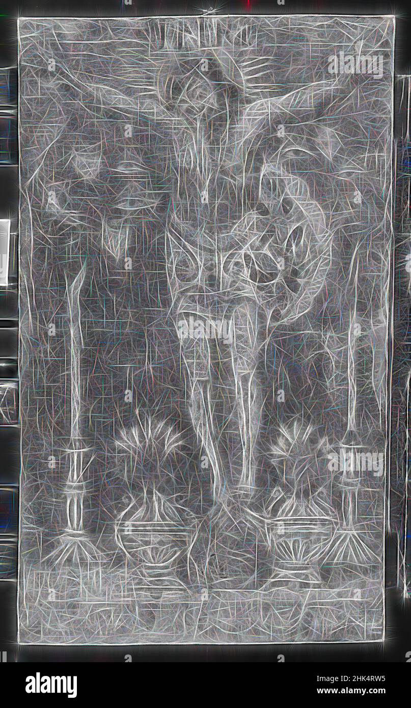 Ispirato dal Crocifisso sull'altare, messicano, dipinto su tessuto, fine 18th-inizio 19th secolo, 29 x 17 in., 73,7 x 43,2 cm, reinventato da Artotop. L'arte classica reinventata con un tocco moderno. Design di calda e allegra luminosità e di raggi di luce. La fotografia si ispira al surrealismo e al futurismo, abbracciando l'energia dinamica della tecnologia moderna, del movimento, della velocità e rivoluzionando la cultura Foto Stock