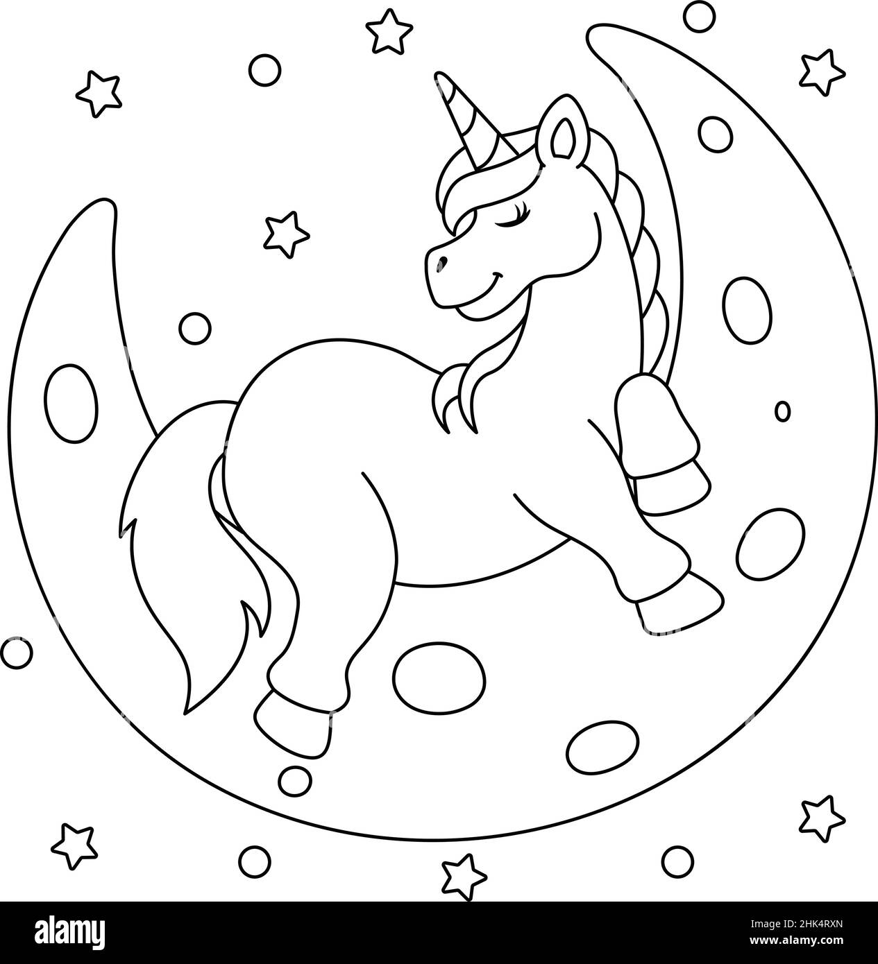 Unicorn Sleeping on the Moon Coloring Page Illustrazione Vettoriale