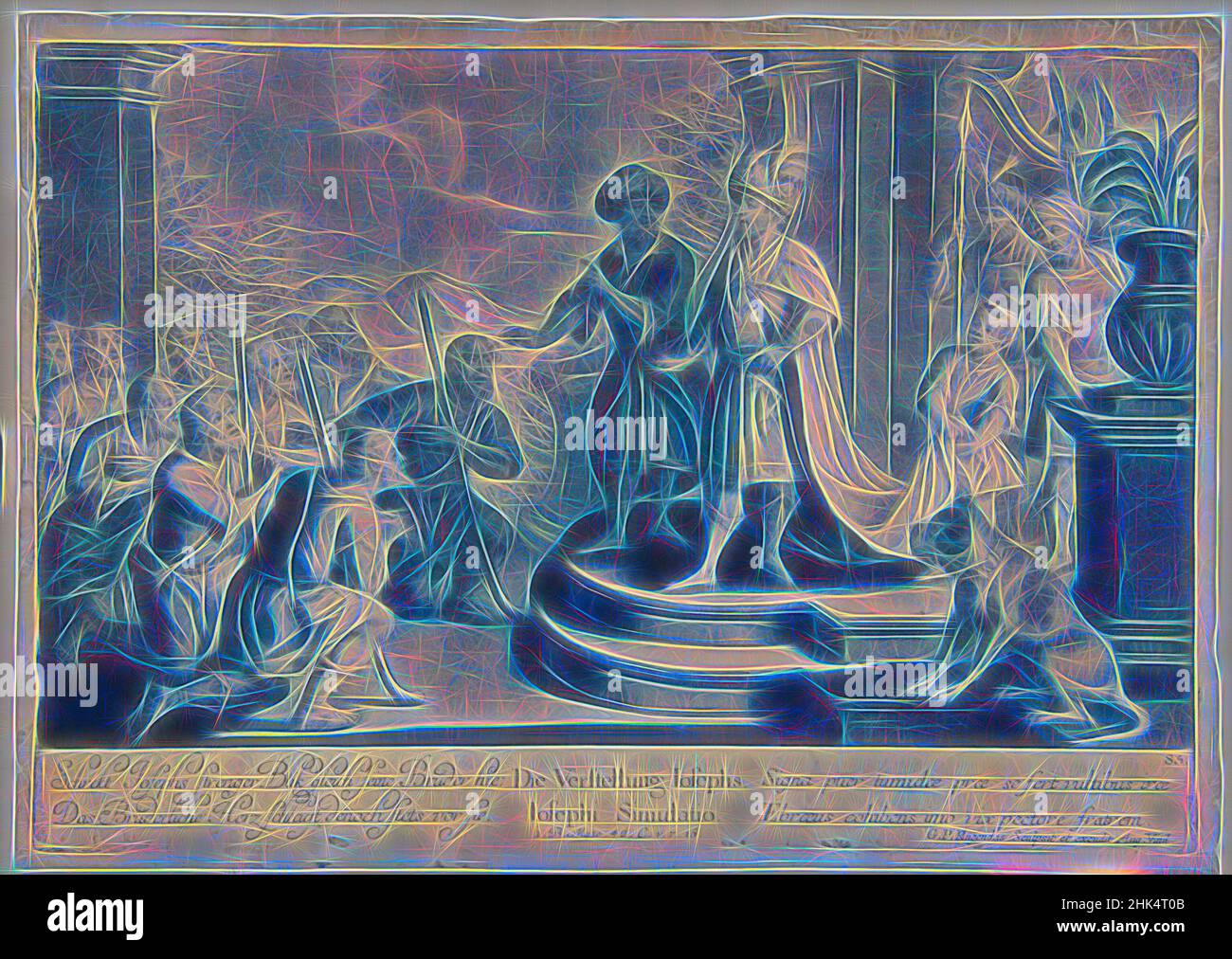 Ispirato da Story of Joseph, Plate 85, Georg Philipp Rugendas i, tedesco, 1666-1742, Mezzotint in inchiostro blu, 10 1/2 x 14 3/4 pollici, 26,7 x 37,5 cm, reinventato da Artotop. L'arte classica reinventata con un tocco moderno. Design di calda e allegra luminosità e di raggi di luce. La fotografia si ispira al surrealismo e al futurismo, abbracciando l'energia dinamica della tecnologia moderna, del movimento, della velocità e rivoluzionando la cultura Foto Stock