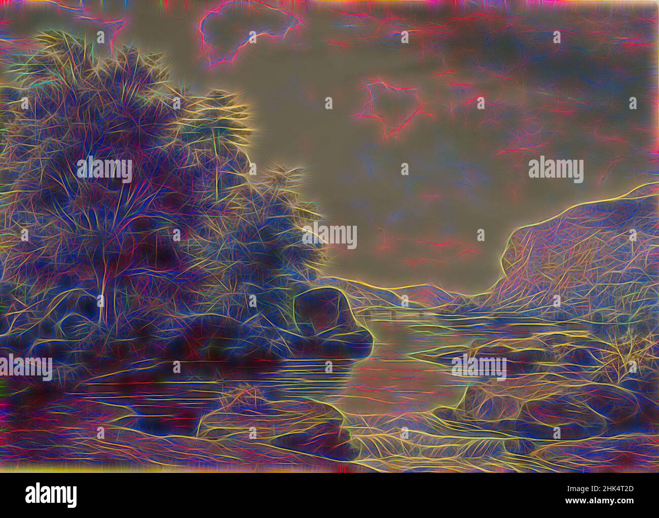 Ispirato da View on the Potomac guardando verso Harper's Ferry, William James Bennett, americano, 1787-1844, Watercolor, ponte, paesaggio, fiume, albero, reinventato da Artotop. L'arte classica reinventata con un tocco moderno. Design di calda e allegra luminosità e di raggi di luce. La fotografia si ispira al surrealismo e al futurismo, abbracciando l'energia dinamica della tecnologia moderna, del movimento, della velocità e rivoluzionando la cultura Foto Stock