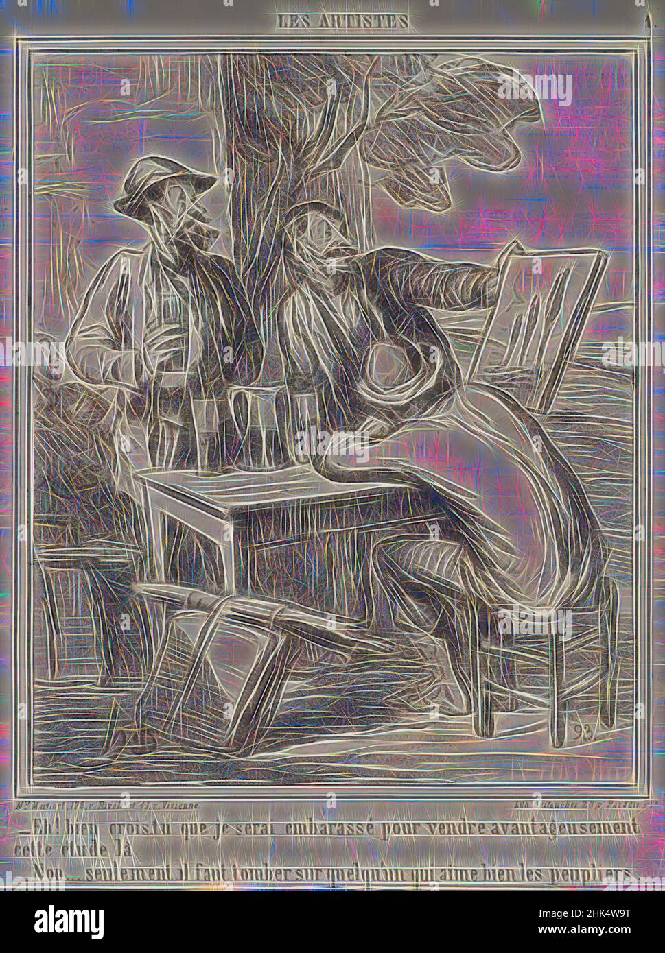 Ispirato da EH! Bien Crois-Tu...les Peupliers., Honoré Daumier, francese, 1808-1879, litografia su carta da giornale, 19 gennaio 1865, foglio: 17 x 11 11/16 pollici, 43,2 x 29,7 cm, reinventato da Artotop. L'arte classica reinventata con un tocco moderno. Design di calda e allegra luminosità e di raggi di luce. La fotografia si ispira al surrealismo e al futurismo, abbracciando l'energia dinamica della tecnologia moderna, del movimento, della velocità e rivoluzionando la cultura Foto Stock
