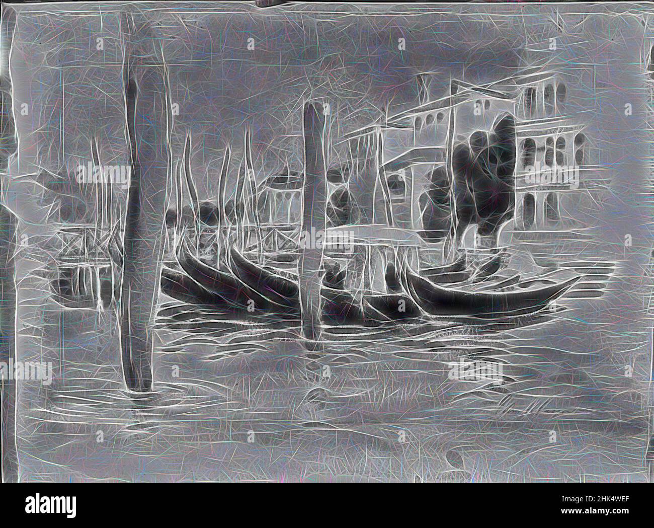 Ispirata alla scena veneziana, quattro gondole, americana, acquerello aumentato di bianco su carta montato su cartone, 15 1/16 x 20 3/4 pollici, 38,3 x 52,7 cm, reinventato da Artotop. L'arte classica reinventata con un tocco moderno. Design di calda e allegra luminosità e di raggi di luce. La fotografia si ispira al surrealismo e al futurismo, abbracciando l'energia dinamica della tecnologia moderna, del movimento, della velocità e rivoluzionando la cultura Foto Stock