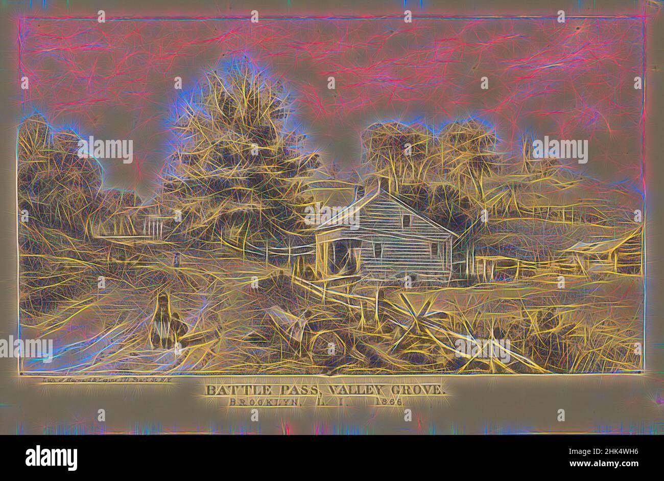Ispirato da Battle Pass, Vally Grove, litografia, ca. 1866, immagine: 3 3/4 x 6 1/2 pollici, 9,5 x 16,5 cm, reinventata da Artotop. L'arte classica reinventata con un tocco moderno. Design di calda e allegra luminosità e di raggi di luce. La fotografia si ispira al surrealismo e al futurismo, abbracciando l'energia dinamica della tecnologia moderna, del movimento, della velocità e rivoluzionando la cultura Foto Stock
