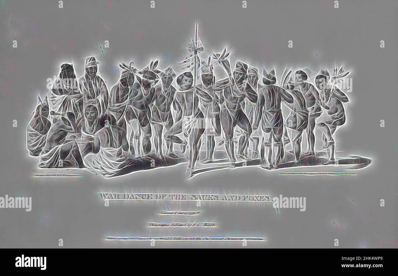 Ispirato da War Dance of the Saucs and Foxes, litografia a mano su carta, 1834, immagine: 6 1/2 x 14 1/2 in., 16,5 x 36,8 cm, figure, reinventato da Artotop. L'arte classica reinventata con un tocco moderno. Design di calda e allegra luminosità e di raggi di luce. La fotografia si ispira al surrealismo e al futurismo, abbracciando l'energia dinamica della tecnologia moderna, del movimento, della velocità e rivoluzionando la cultura Foto Stock