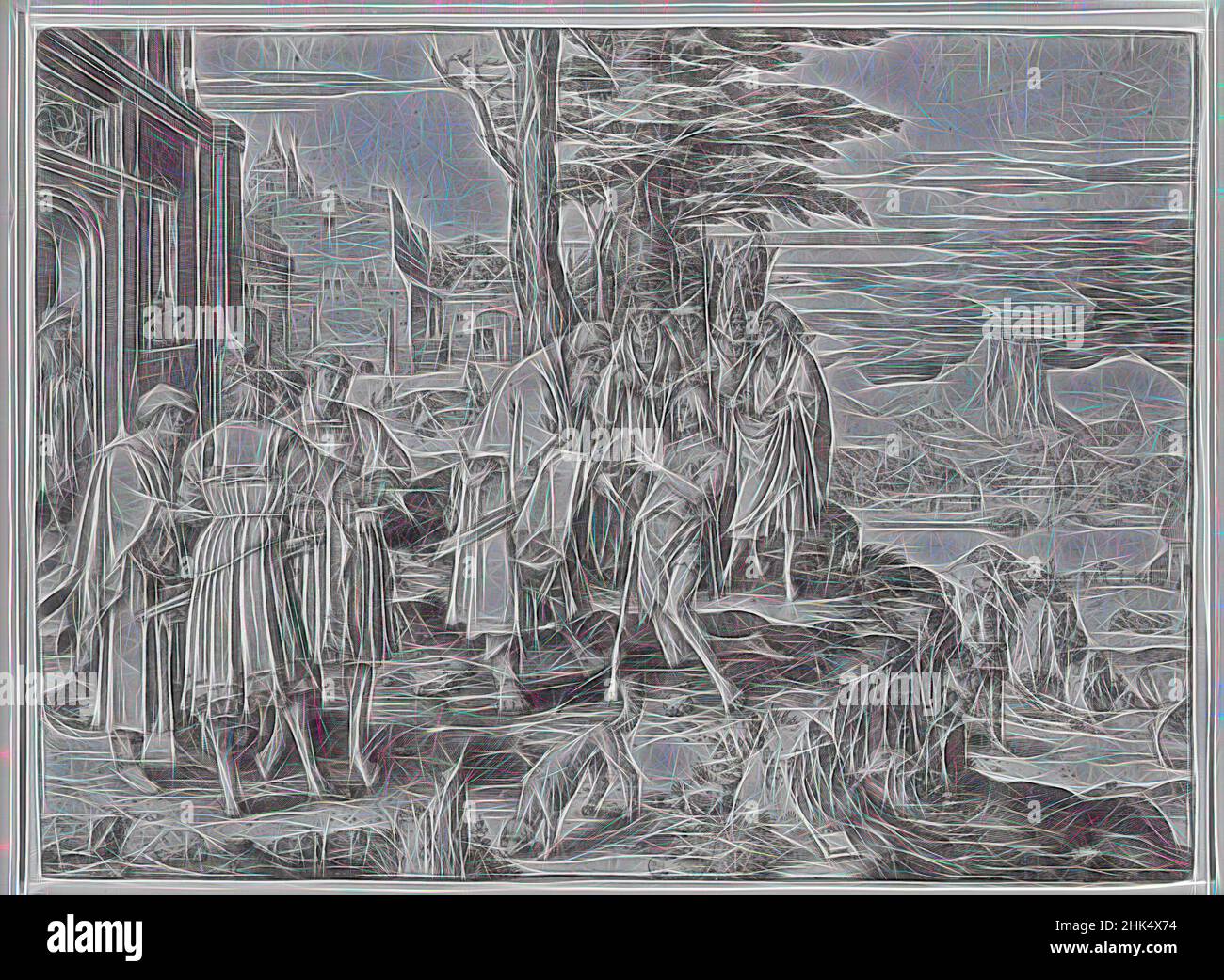 Ispirata al figlio prodigo, Lucas van Leyden, olandese, 1494-1533, incisione su carta stampata, 1510, 7 1/16 x 9 11/16 pollici, 18 x 24,6 cm, reinventata da Artotop. L'arte classica reinventata con un tocco moderno. Design di calda e allegra luminosità e di raggi di luce. La fotografia si ispira al surrealismo e al futurismo, abbracciando l'energia dinamica della tecnologia moderna, del movimento, della velocità e rivoluzionando la cultura Foto Stock