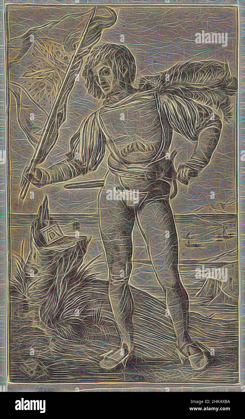 Ispirato dal portatore standard, Albrecht Dürer, tedesco, 1471-1528, incisione su carta stampata, ca. 1500, 4 1/2 x 2 1/4 pollici, 11,4 x 5,7 cm, reinventato da Artotop. L'arte classica reinventata con un tocco moderno. Design di calda e allegra luminosità e di raggi di luce. La fotografia si ispira al surrealismo e al futurismo, abbracciando l'energia dinamica della tecnologia moderna, del movimento, della velocità e rivoluzionando la cultura Foto Stock