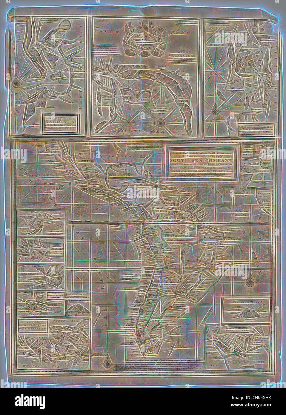 Ispirato da Una nuova e precisa mappa dei paesi e delle isole della costa entro i limiti Ye della Ye South Sea Company, Herman D. Moll, tedesco, 1654-1732, incisione, N.d., foglio: 19 7/8 x 27 3/8 pollici, 50,5 x 69,5 cm, riimmaginato da Artotop. L'arte classica reinventata con un tocco moderno. Design di calda e allegra luminosità e di raggi di luce. La fotografia si ispira al surrealismo e al futurismo, abbracciando l'energia dinamica della tecnologia moderna, del movimento, della velocità e rivoluzionando la cultura Foto Stock