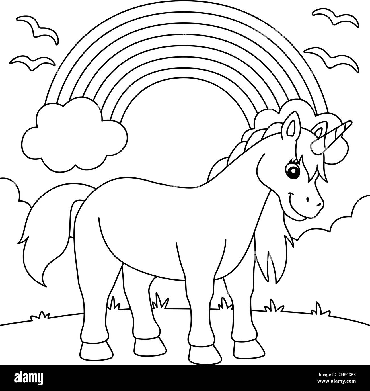 Unicorno in piedi sotto la pagina di colorazione arcobaleno Illustrazione Vettoriale