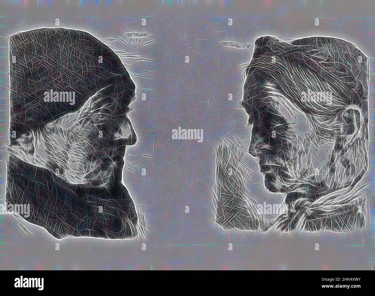 Ispirato ai contadini, Wilhelm Leibl, tedesco, 1844-1900, incisione su carta cinese steso con carta ovata, 1874, 6 1/2 x 4 1/8 pollici, 16,5 x 10,4 cm, reinventato da Artotop. L'arte classica reinventata con un tocco moderno. Design di calda e allegra luminosità e di raggi di luce. La fotografia si ispira al surrealismo e al futurismo, abbracciando l'energia dinamica della tecnologia moderna, del movimento, della velocità e rivoluzionando la cultura Foto Stock