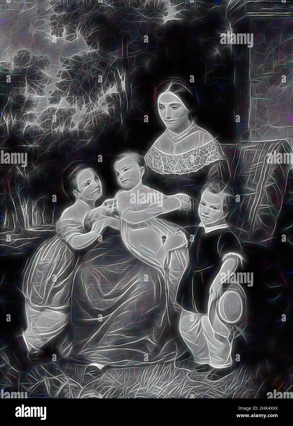 Ispirato da Ellen Almira Low e i suoi tre figli, Daniel Huntington, americano, 1816-1906, olio su tela, 1847, 64 x 53 15/16 pollici, 162,5 x 137 cm, 1847, bambino, gatto, bambini, Ellen Almira Low e i suoi tre figli, famiglia, erba, cappello, gattino, pizzo, madre, olio su tela, pittura, ritratto, Seduto, riimmaginato da Artotop. L'arte classica reinventata con un tocco moderno. Design di calda e allegra luminosità e di raggi di luce. La fotografia si ispira al surrealismo e al futurismo, abbracciando l'energia dinamica della tecnologia moderna, del movimento, della velocità e rivoluzionando la cultura Foto Stock