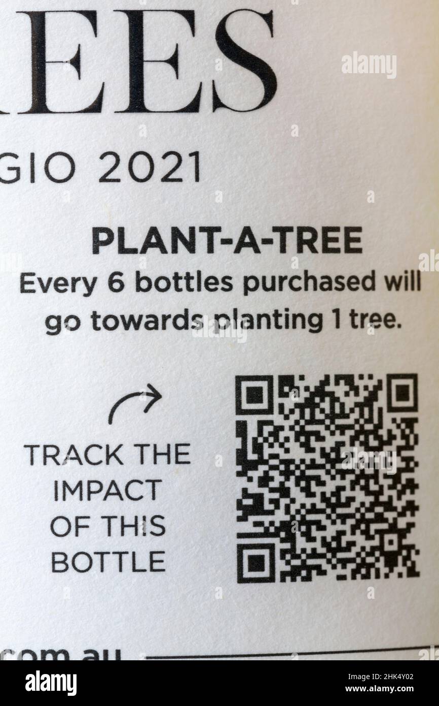 Pianta un dettaglio albero su etichetta vino di 17 alberi Pinot Grigio - ogni 6 bottiglie acquistate andrà verso piantare 1 tree track l'impatto di questa bottiglia Foto Stock