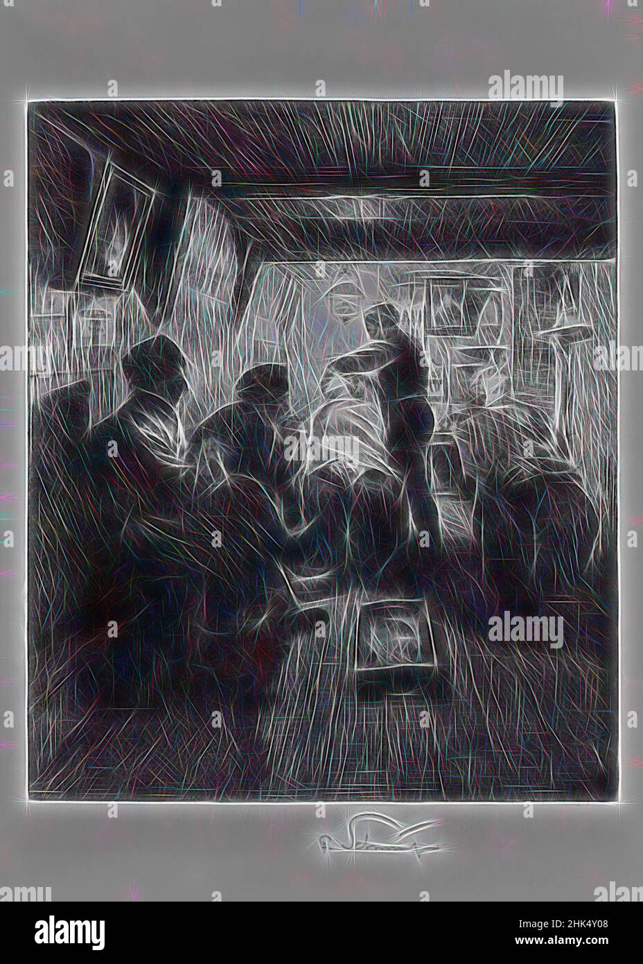 Ispirato al Barber Shop, Ferdinand Schmutzer, austriaco, 1870-1928, incisione su carta ovata, 1909, 11 7/8 x 9 1/16 pollici, 30,2 x 23 cm, reinventato da Artotop. L'arte classica reinventata con un tocco moderno. Design di calda e allegra luminosità e di raggi di luce. La fotografia si ispira al surrealismo e al futurismo, abbracciando l'energia dinamica della tecnologia moderna, del movimento, della velocità e rivoluzionando la cultura Foto Stock