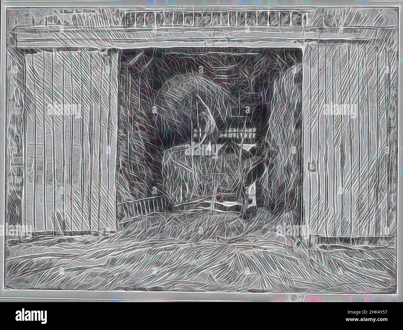 Ispirato dal Haybarn, Frederick Childe Hassam, americano, 1859-1935, etching, 1920, reinventato da Artotop. L'arte classica reinventata con un tocco moderno. Design di calda e allegra luminosità e di raggi di luce. La fotografia si ispira al surrealismo e al futurismo, abbracciando l'energia dinamica della tecnologia moderna, del movimento, della velocità e rivoluzionando la cultura Foto Stock