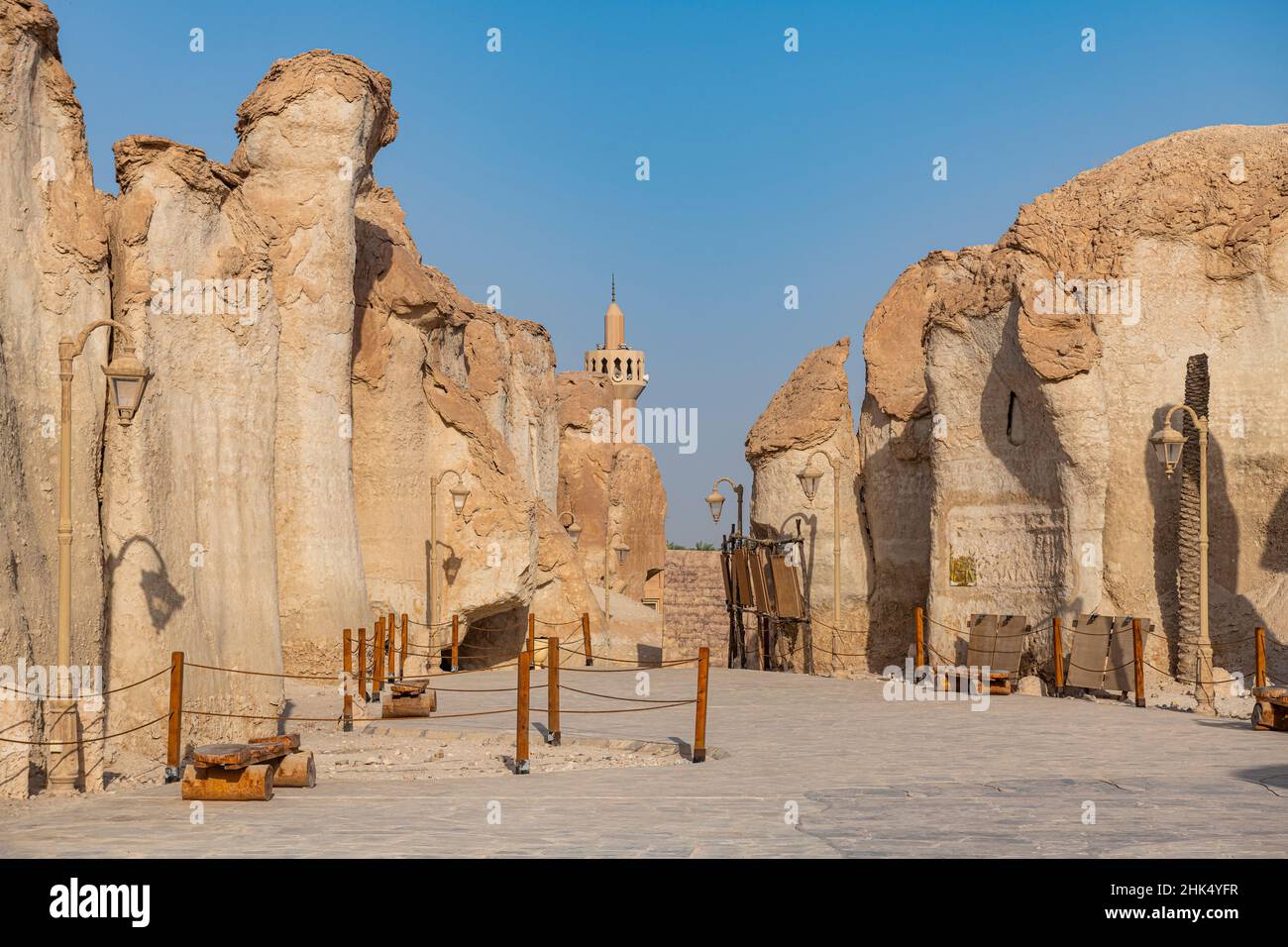 Ingresso al monte al Qarah, all'Oasi al Ahsa (al Hasa), sito patrimonio dell'umanità dell'UNESCO, Hofuf, Regno dell'Arabia Saudita, Medio Oriente Foto Stock