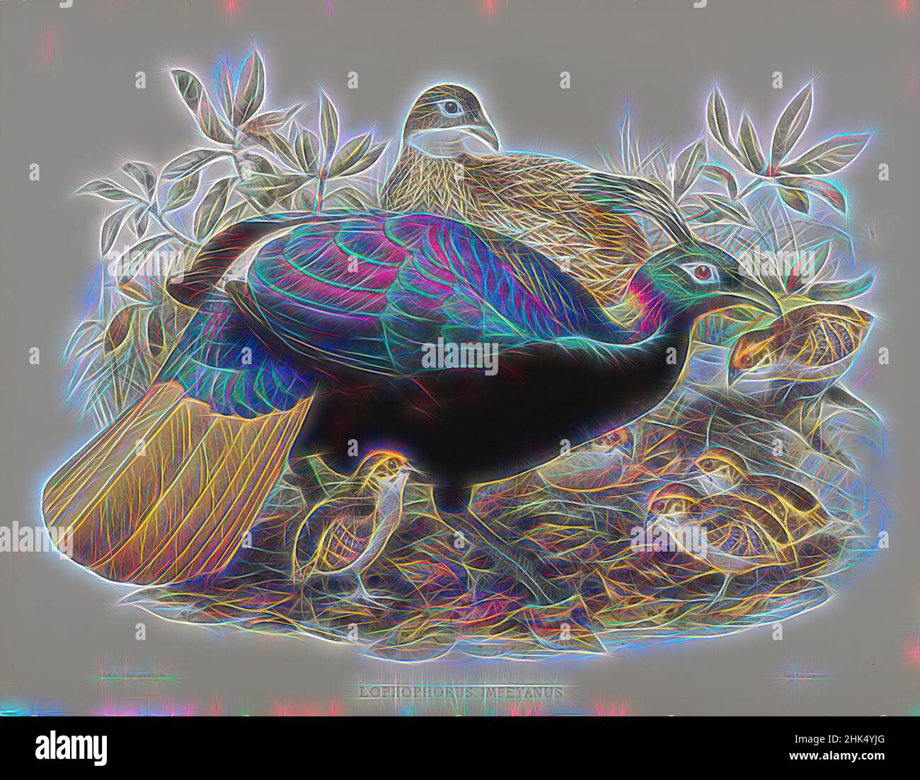 Ispirato da Lophophorus Impeyanus, John Gould, britannico, 1804-1881, litografia su carta ovata, foglio: 23 3/8 x 18 7/16 in., 59,4 x 46,8 cm, reinventato da Artotop. L'arte classica reinventata con un tocco moderno. Design di calda e allegra luminosità e di raggi di luce. La fotografia si ispira al surrealismo e al futurismo, abbracciando l'energia dinamica della tecnologia moderna, del movimento, della velocità e rivoluzionando la cultura Foto Stock