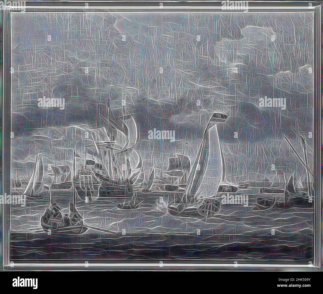 Ispirato a Seascape, olio su tela, 20 7/8 x 24 5/8 pollici, 53,0 x 62,5 cm, reinventato da Artotop. L'arte classica reinventata con un tocco moderno. Design di calda e allegra luminosità e di raggi di luce. La fotografia si ispira al surrealismo e al futurismo, abbracciando l'energia dinamica della tecnologia moderna, del movimento, della velocità e rivoluzionando la cultura Foto Stock