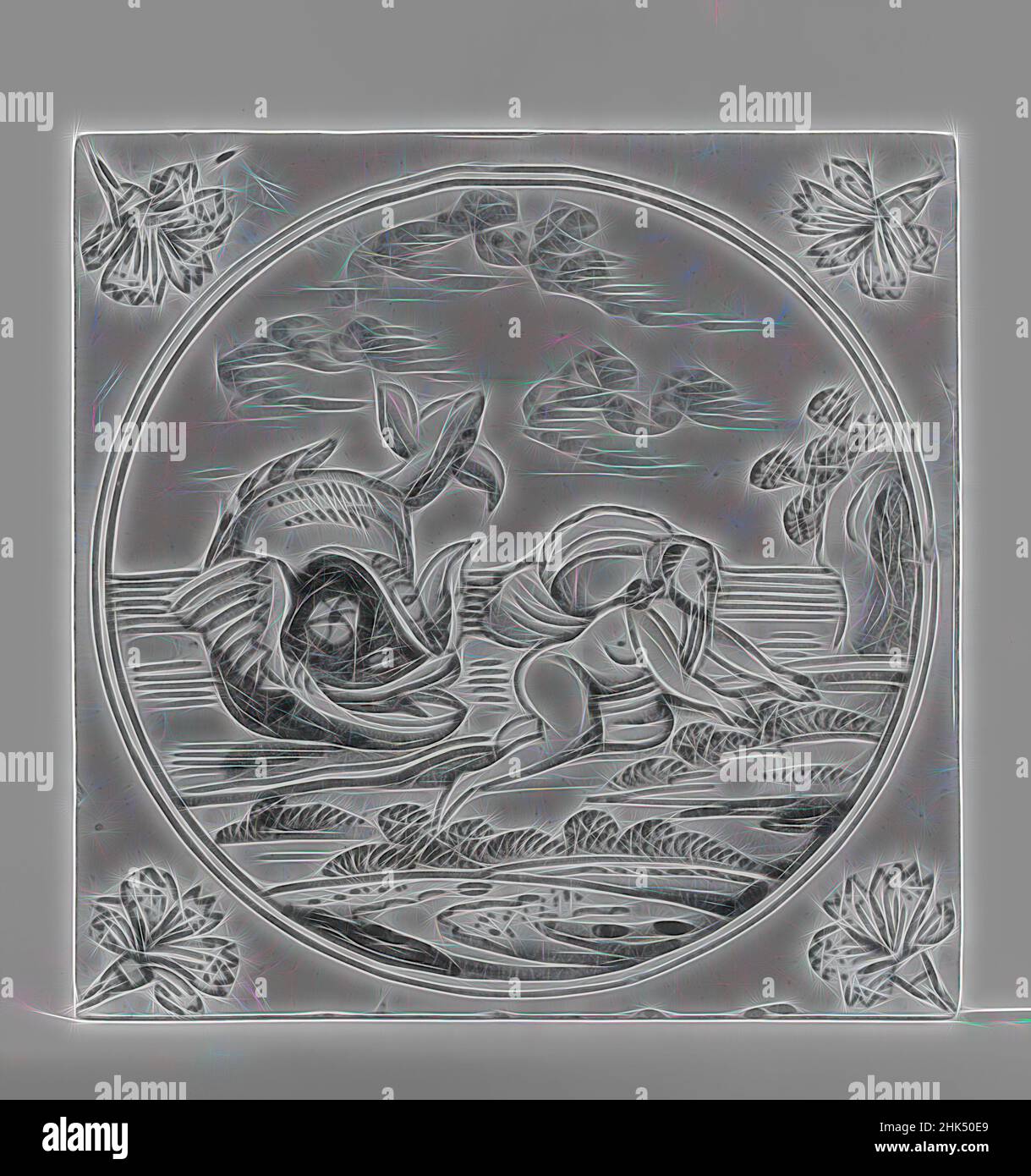 Ispirato da piastrelle, terracotta vetrata, ca. 1700-1725, 5 x 5 x 1/4 pollici, 12,7 x 12,7 x 0,6 cm, reinventato da Artotop. L'arte classica reinventata con un tocco moderno. Design di calda e allegra luminosità e di raggi di luce. La fotografia si ispira al surrealismo e al futurismo, abbracciando l'energia dinamica della tecnologia moderna, del movimento, della velocità e rivoluzionando la cultura Foto Stock