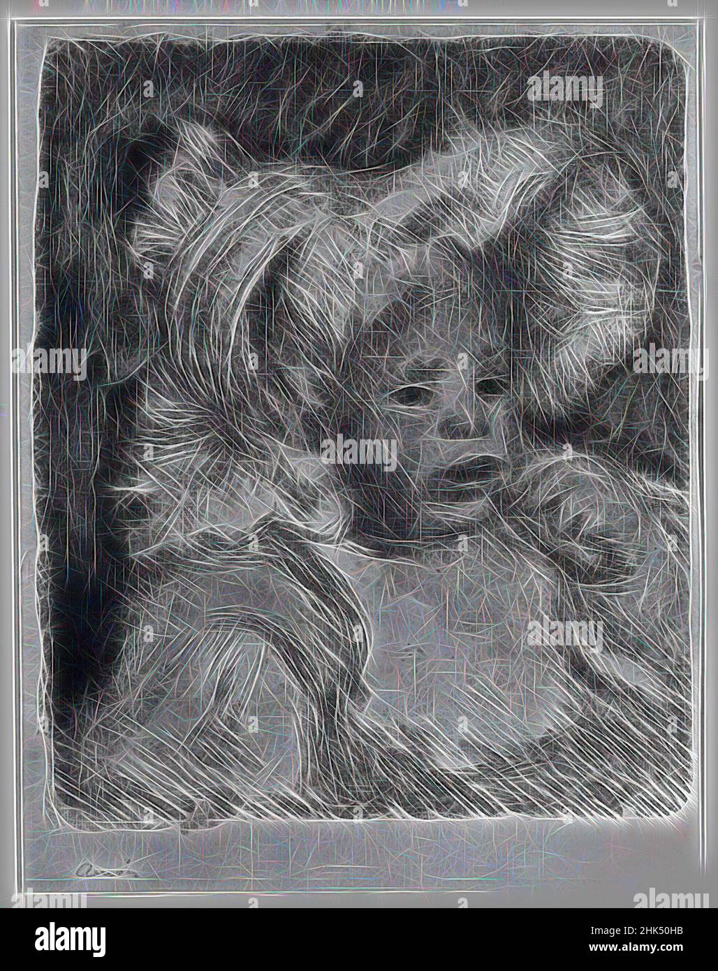 Ispirato da bambino con un biscotto, l'Enfant au Biscuit, Pierre-Auguste Renoir, francese, 1841-1919, Litografia su carta ovata, Francia, 1899, 12 5/8 x 10 5/8 pollici, 32,1 x 27 cm, reinventata da Artotop. L'arte classica reinventata con un tocco moderno. Design di calda e allegra luminosità e di raggi di luce. La fotografia si ispira al surrealismo e al futurismo, abbracciando l'energia dinamica della tecnologia moderna, del movimento, della velocità e rivoluzionando la cultura Foto Stock