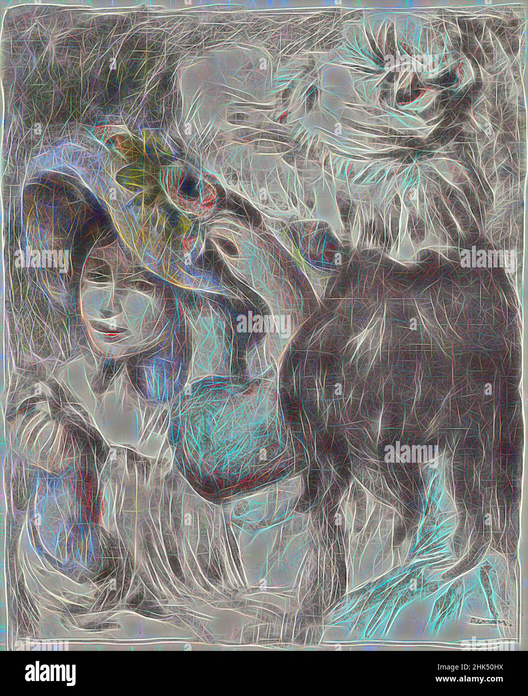 Ispirato da Pinning the Hat, le Chapeau épinglé, Pierre-Auguste Renoir, francese, 1841-1919, Litografia a colori su carta laiata MBM, Francia, 1898, immagine: 23 7/8 x 19 pollici, 60,6 x 48,3 cm, 19th secolo, moda, francese, ragazza, hat, Impressionismo, litografia, Renoir, reinventato da Artotop. L'arte classica reinventata con un tocco moderno. Design di calda e allegra luminosità e di raggi di luce. La fotografia si ispira al surrealismo e al futurismo, abbracciando l'energia dinamica della tecnologia moderna, del movimento, della velocità e rivoluzionando la cultura Foto Stock