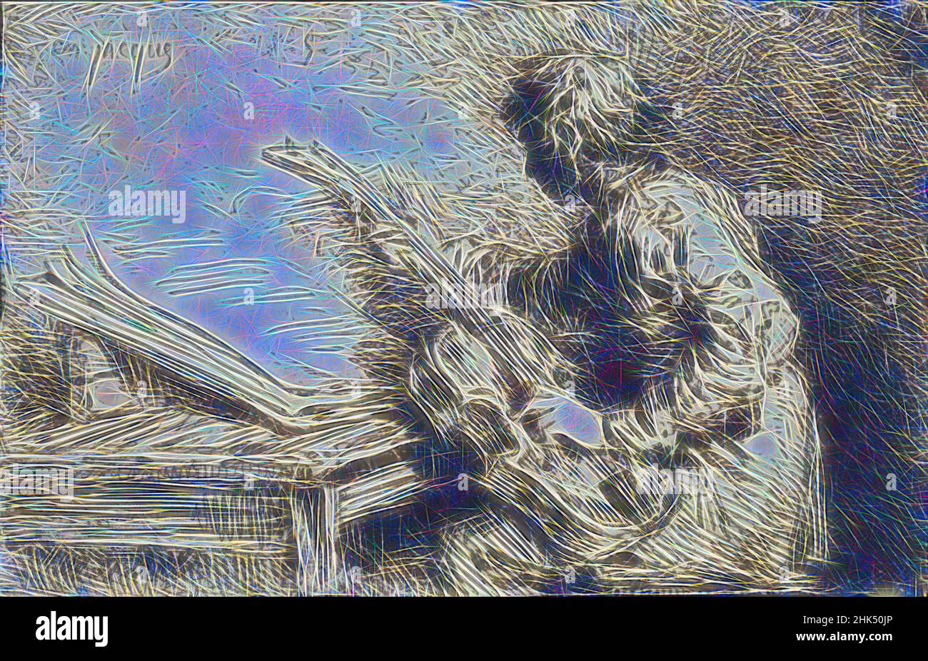 Ispirato dal musicista, Charles-Émile Jacque, francese, 1813-1894, incisione su carta cinese, ca. 1845, immagine: 3 15/16 x 3 9/16 pollici, 10 x 9 cm, reinventata da Artotop. L'arte classica reinventata con un tocco moderno. Design di calda e allegra luminosità e di raggi di luce. La fotografia si ispira al surrealismo e al futurismo, abbracciando l'energia dinamica della tecnologia moderna, del movimento, della velocità e rivoluzionando la cultura Foto Stock