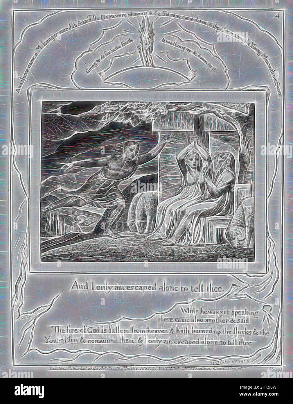 Ispirato da e solo sono fuggito solo per raccontarti..., da illustrazioni del Libro di Giobbe, William Blake, britannico, 1757-1827, incisioni, 1825, 8 5/16 x 6 7/16 pollici, 21,1 x 16,3 cm, reinventato da Artotop. L'arte classica reinventata con un tocco moderno. Design di calda e allegra luminosità e di raggi di luce. La fotografia si ispira al surrealismo e al futurismo, abbracciando l'energia dinamica della tecnologia moderna, del movimento, della velocità e rivoluzionando la cultura Foto Stock