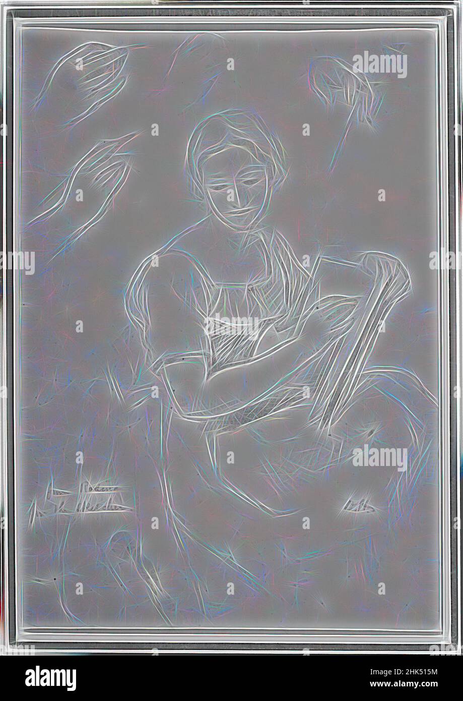 Ispirato da Woman Holding Book, Daniel Huntington, americano, 1816-1906, grafite su carta, circa 1839-58, foglio: 10 9/16 x 7 3/16 pollici, 26,8 x 18,3 cm, disegno, reinventato da Artotop. L'arte classica reinventata con un tocco moderno. Design di calda e allegra luminosità e di raggi di luce. La fotografia si ispira al surrealismo e al futurismo, abbracciando l'energia dinamica della tecnologia moderna, del movimento, della velocità e rivoluzionando la cultura Foto Stock