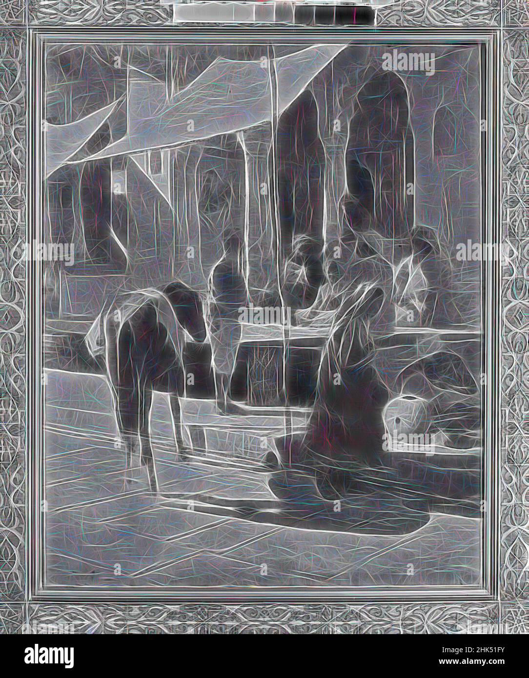 Ispirato da negozio nativo a Bombay, India, Gwalior, Edwin Lord Weeks, americano, 1849-1903, olio su tela, n.d., 39 1/8 x 31 5/8 poll., 99,4 x 80,3 cm, reinventato da Artotop. L'arte classica reinventata con un tocco moderno. Design di calda e allegra luminosità e di raggi di luce. La fotografia si ispira al surrealismo e al futurismo, abbracciando l'energia dinamica della tecnologia moderna, del movimento, della velocità e rivoluzionando la cultura Foto Stock