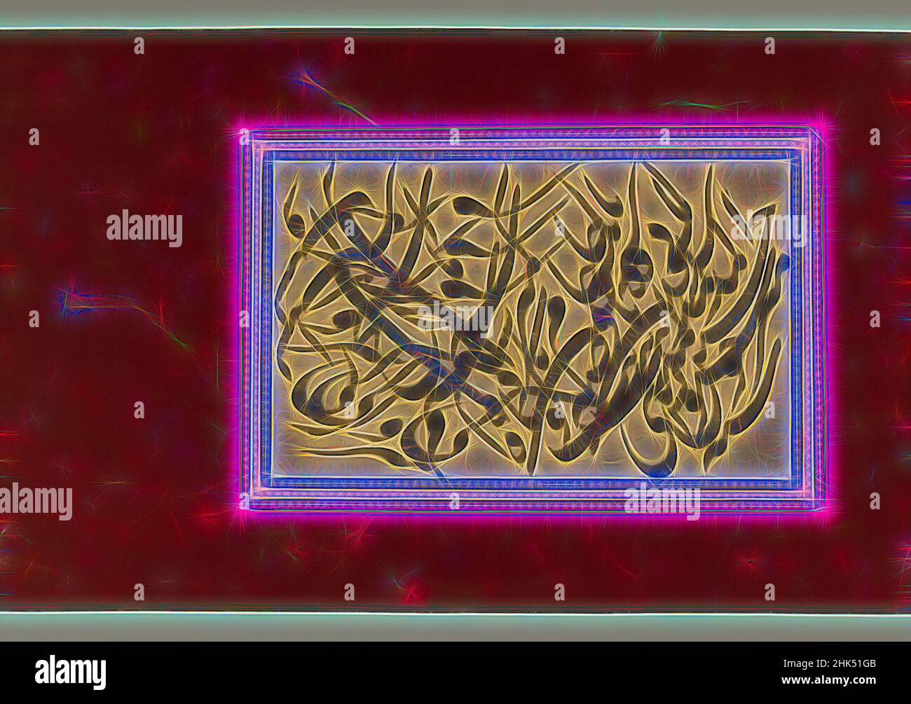 Ispirato da pagina di Calligraphy, Ink on, 19th secolo, 4 1/2 x 7 5/16 pollici, 11,4 x 18,6 cm, arabo, calligrafia, compatta, farsi, Ripetizione, aggrovigliatura, reinventata da Artotop. L'arte classica reinventata con un tocco moderno. Design di calda e allegra luminosità e di raggi di luce. La fotografia si ispira al surrealismo e al futurismo, abbracciando l'energia dinamica della tecnologia moderna, del movimento, della velocità e rivoluzionando la cultura Foto Stock