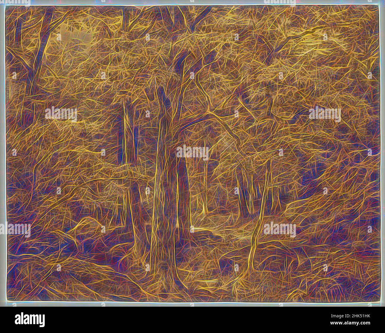 Ispirato a Forest Interior, William Trost Richards, americano, 1833-1905, carbone e gesso su carta, 1865, 23 5/16 x 29 7/16 pollici, 59,2 x 74,8 cm, reinventato da Artotop. L'arte classica reinventata con un tocco moderno. Design di calda e allegra luminosità e di raggi di luce. La fotografia si ispira al surrealismo e al futurismo, abbracciando l'energia dinamica della tecnologia moderna, del movimento, della velocità e rivoluzionando la cultura Foto Stock