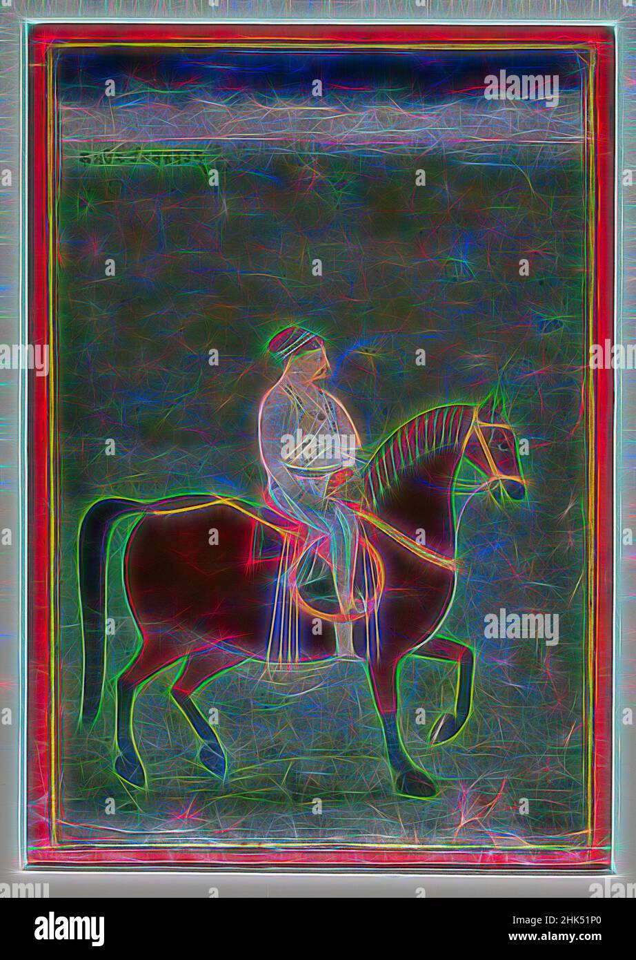 Ispirato da Baj Bahadur di Kumaon, indiano, acquerello opaco e oro su carta, ca. 1750, foglio: 12 3/8 x 8 7/16 pollici, 31,4 x 21,4 cm, Garhwal, Oro, Cavallo, Paesaggio, Carta, Ritratto, Punjab Hills, Watercolor, reinventato da Artotop. L'arte classica reinventata con un tocco moderno. Design di calda e allegra luminosità e di raggi di luce. La fotografia si ispira al surrealismo e al futurismo, abbracciando l'energia dinamica della tecnologia moderna, del movimento, della velocità e rivoluzionando la cultura Foto Stock