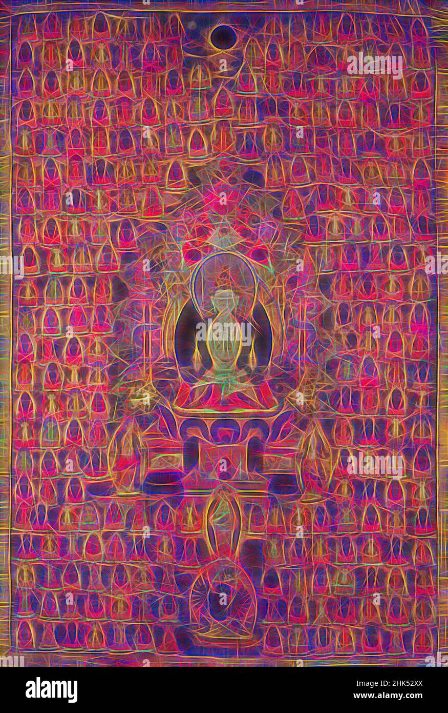 Ispirato a Tanka raffigurante la Deity Bon-po gSen-lha 'od-dkar, colori opachi su cotone, Tibet, 18th secolo, immagine: 37 1/4 x 24 7/8 pollici, 94,6 x 63,2 cm, cotone, reimmaginato da Artotop. L'arte classica reinventata con un tocco moderno. Design di calda e allegra luminosità e di raggi di luce. La fotografia si ispira al surrealismo e al futurismo, abbracciando l'energia dinamica della tecnologia moderna, del movimento, della velocità e rivoluzionando la cultura Foto Stock