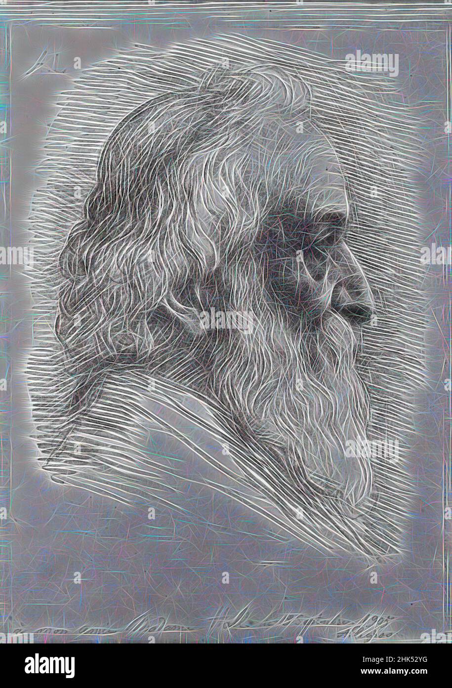 Ispirato da Auto-Ritratto, Alphonse Legros, francese, 1837-1911, litografia su carta stampata, 1905, 10 3/4 x 10 1/8 pollici, 27,3 x 25,7 cm, reinventato da Artotop. L'arte classica reinventata con un tocco moderno. Design di calda e allegra luminosità e di raggi di luce. La fotografia si ispira al surrealismo e al futurismo, abbracciando l'energia dinamica della tecnologia moderna, del movimento, della velocità e rivoluzionando la cultura Foto Stock