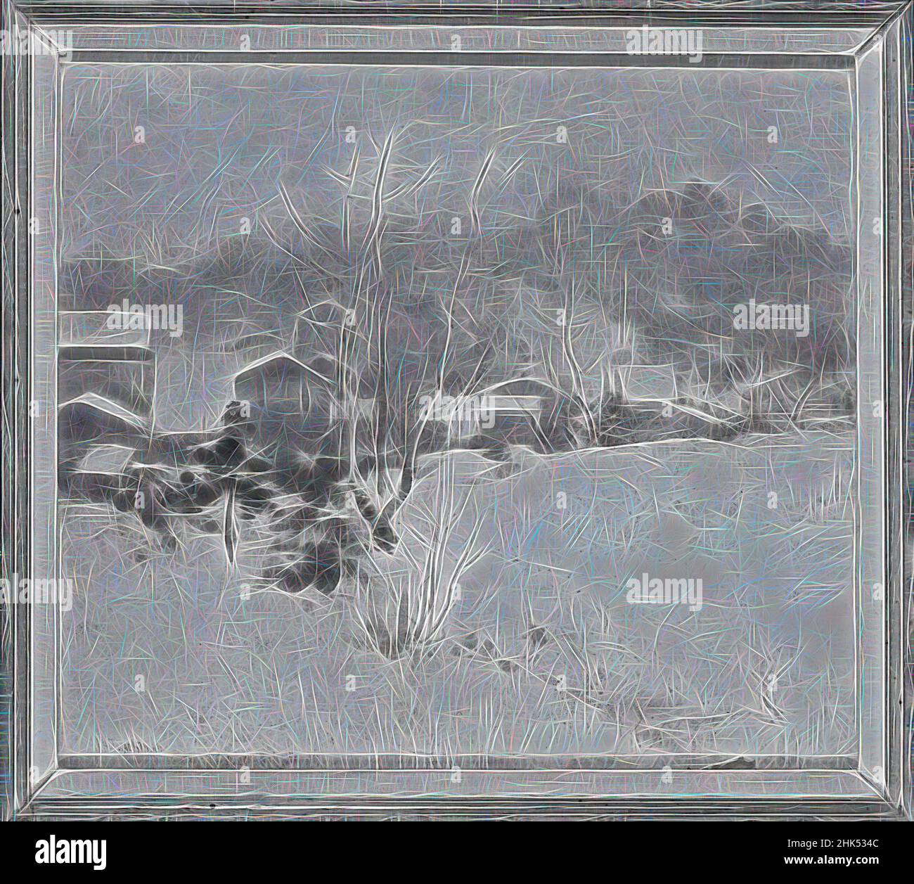 Ispirato da Winter Landscape, John Henry Twachtman, americano, 1853-1902, olio su tela, circa 1883, 15 15/16 x 17 1/2 pollici, 40,5 x 44,5 cm, reinventato da Artotop. L'arte classica reinventata con un tocco moderno. Design di calda e allegra luminosità e di raggi di luce. La fotografia si ispira al surrealismo e al futurismo, abbracciando l'energia dinamica della tecnologia moderna, del movimento, della velocità e rivoluzionando la cultura Foto Stock