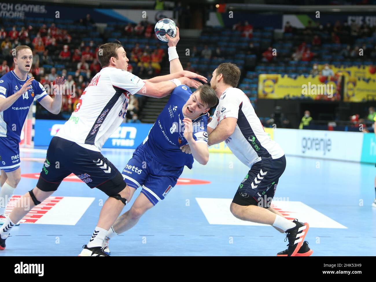 Durante l'EHF Men's Euro 2022, Handball Placement Match 5/6 tra Islanda e Norvegia il 28 gennaio 2022 presso l'Arena multifunzionale di Budapest, Ungheria - Foto Laurent Lairys / DPPI Foto Stock