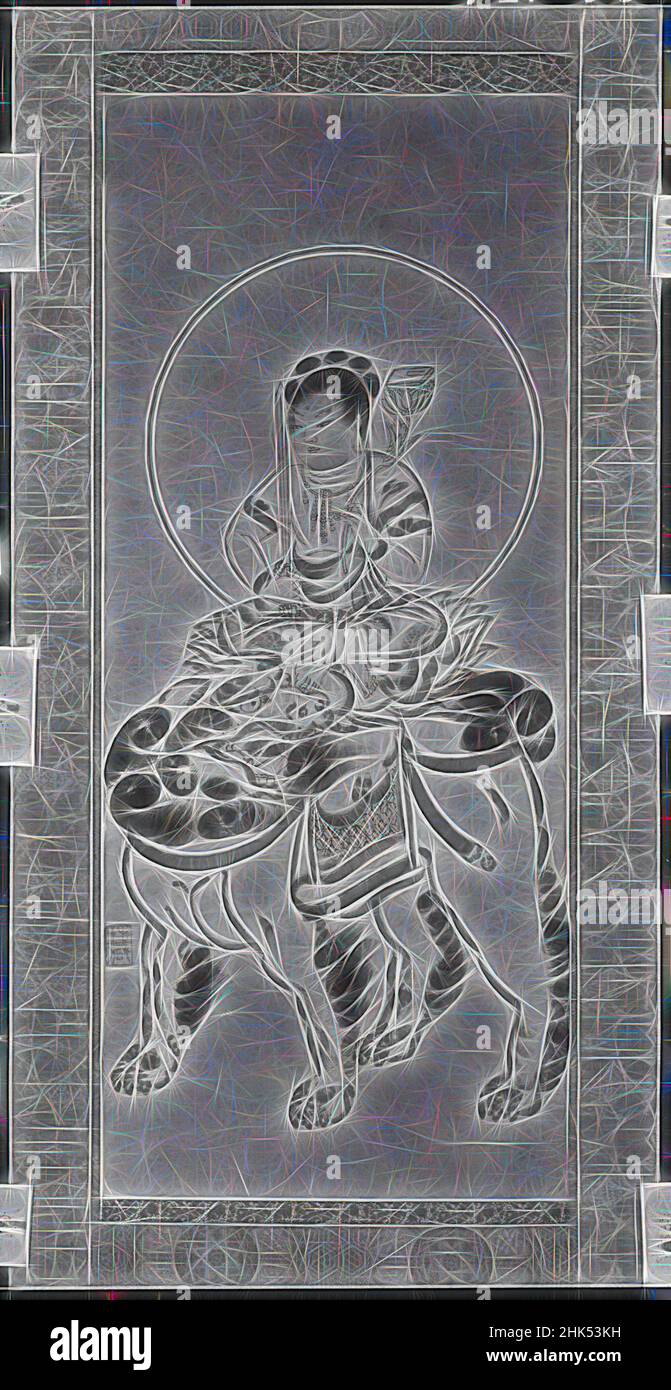 Ispirato da Monju, Hanging scroll: Inchiostro su carta, Giappone, 16th secolo, periodo Muromachi, immagine: 37 3/8 x 15 3/4 pollici, 94,9 x 40 cm, reinventato da Artotop. L'arte classica reinventata con un tocco moderno. Design di calda e allegra luminosità e di raggi di luce. La fotografia si ispira al surrealismo e al futurismo, abbracciando l'energia dinamica della tecnologia moderna, del movimento, della velocità e rivoluzionando la cultura Foto Stock