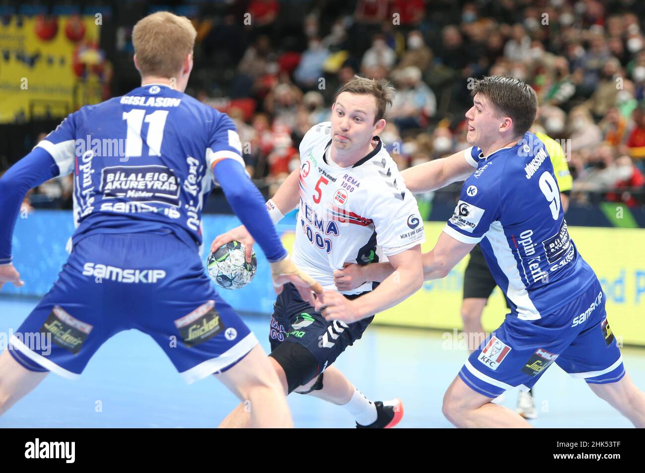 Durante l'EHF Men's Euro 2022, Handball Placement Match 5/6 tra Islanda e Norvegia il 28 gennaio 2022 presso l'Arena multifunzionale di Budapest, Ungheria - Foto Laurent Lairys / DPPI Foto Stock