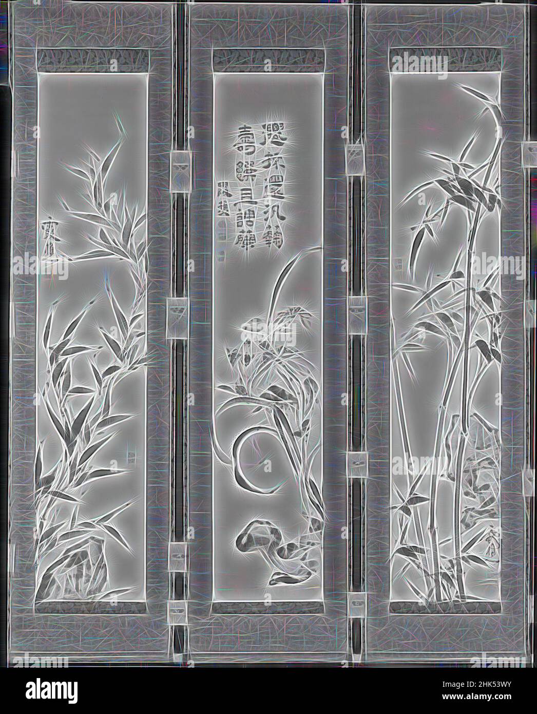 Ispirato da bambù, Chrysanthemums, Orchidee, rocce e Fungo, Ike-No Taiga, Giapponese, 1723-1776, scorrimento di visualizzazione, inchiostro su carta, Giappone, 18th secolo, periodo Edo, escluso montaggio: 53 x 11 1/8 pollici, 134,6 x 28,3 cm, botanico, ramo, calligrafia, calma, Arredamento, decorativo, verde, armonia, reinventato da Artotop. L'arte classica reinventata con un tocco moderno. Design di calda e allegra luminosità e di raggi di luce. La fotografia si ispira al surrealismo e al futurismo, abbracciando l'energia dinamica della tecnologia moderna, del movimento, della velocità e rivoluzionando la cultura Foto Stock