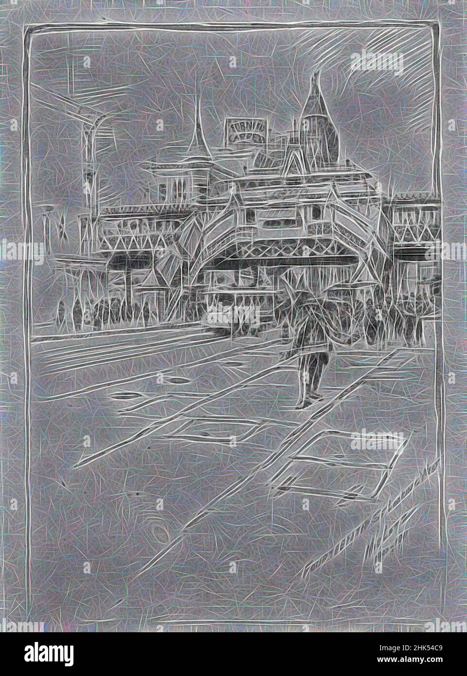 Ispirato da Fourth Street Looking West, Charles F. W. Mielatz, americano, nato Germania 1864-1919, grafite su carta, 1900-1911, Foglio: 11 3/4 x 8 13/16 pollici, 29,8 x 22,4 cm, reinventato da Artotop. L'arte classica reinventata con un tocco moderno. Design di calda e allegra luminosità e di raggi di luce. La fotografia si ispira al surrealismo e al futurismo, abbracciando l'energia dinamica della tecnologia moderna, del movimento, della velocità e rivoluzionando la cultura Foto Stock