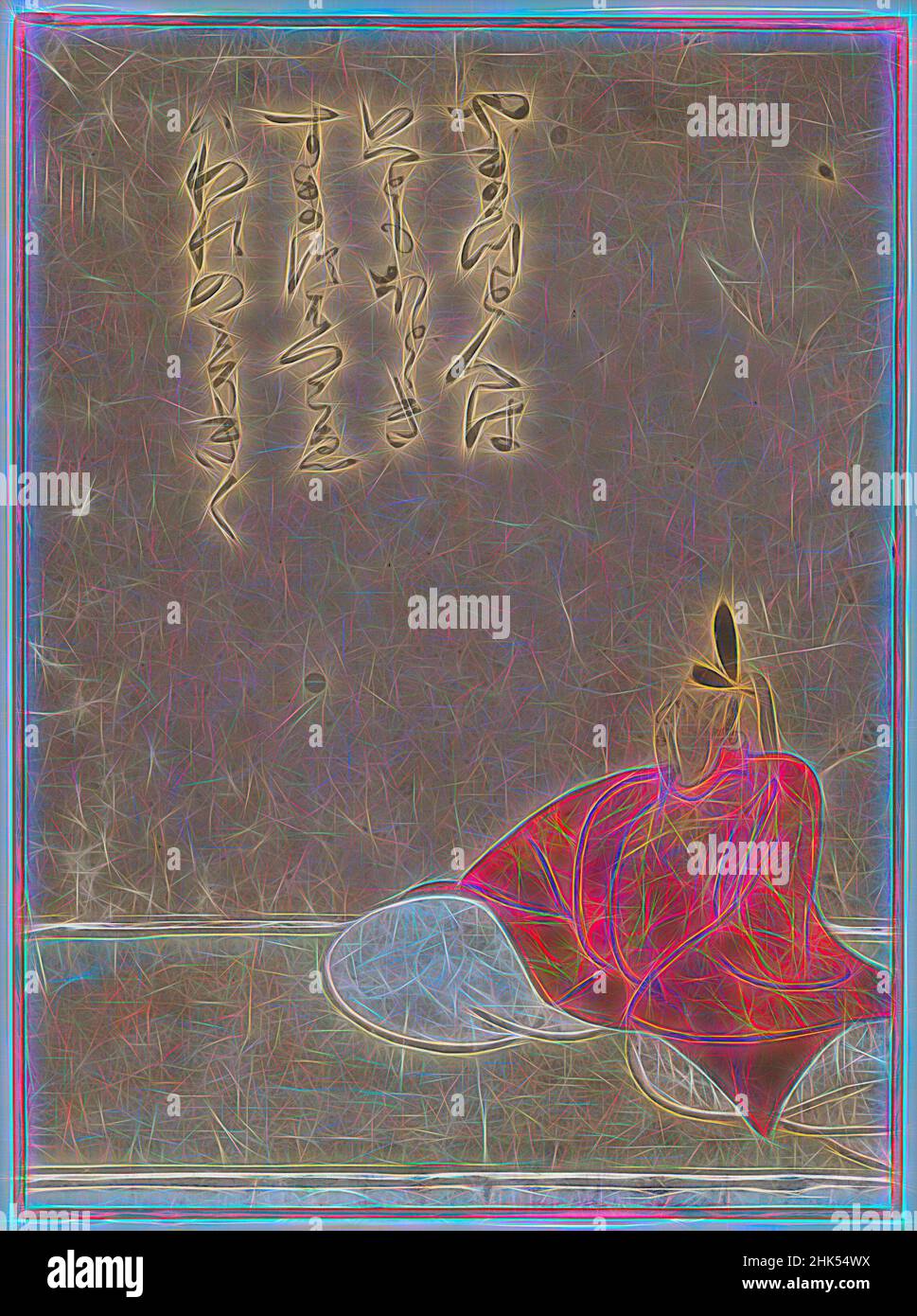 Ispirato da uno dei Sanjurokkasen, Album Leaf Painting, Album Leaf, Ink and Colour on Paper, Giappone, 17th Century, Edo Period, 12 x 9 in., 30,5 x 22,9 cm, Reimagined by Artotop. L'arte classica reinventata con un tocco moderno. Design di calda e allegra luminosità e di raggi di luce. La fotografia si ispira al surrealismo e al futurismo, abbracciando l'energia dinamica della tecnologia moderna, del movimento, della velocità e rivoluzionando la cultura Foto Stock