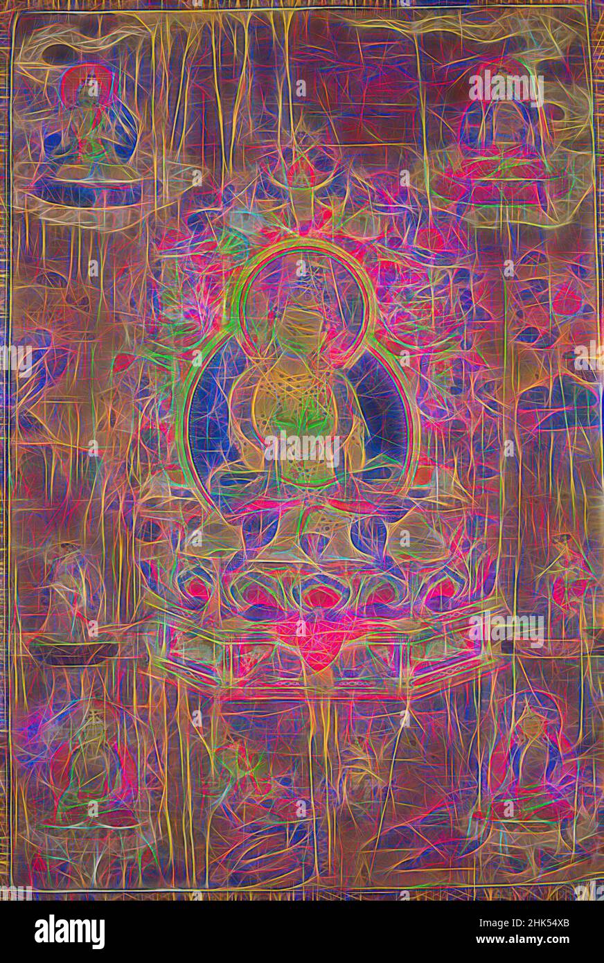 Ispirato da Vajradhara, acquerelli opachi e oro su tessuto, Tibet, 17th secolo, immagine: 30 7/8 x 21 1/2 in, reinventato da Artotop. L'arte classica reinventata con un tocco moderno. Design di calda e allegra luminosità e di raggi di luce. La fotografia si ispira al surrealismo e al futurismo, abbracciando l'energia dinamica della tecnologia moderna, del movimento, della velocità e rivoluzionando la cultura Foto Stock
