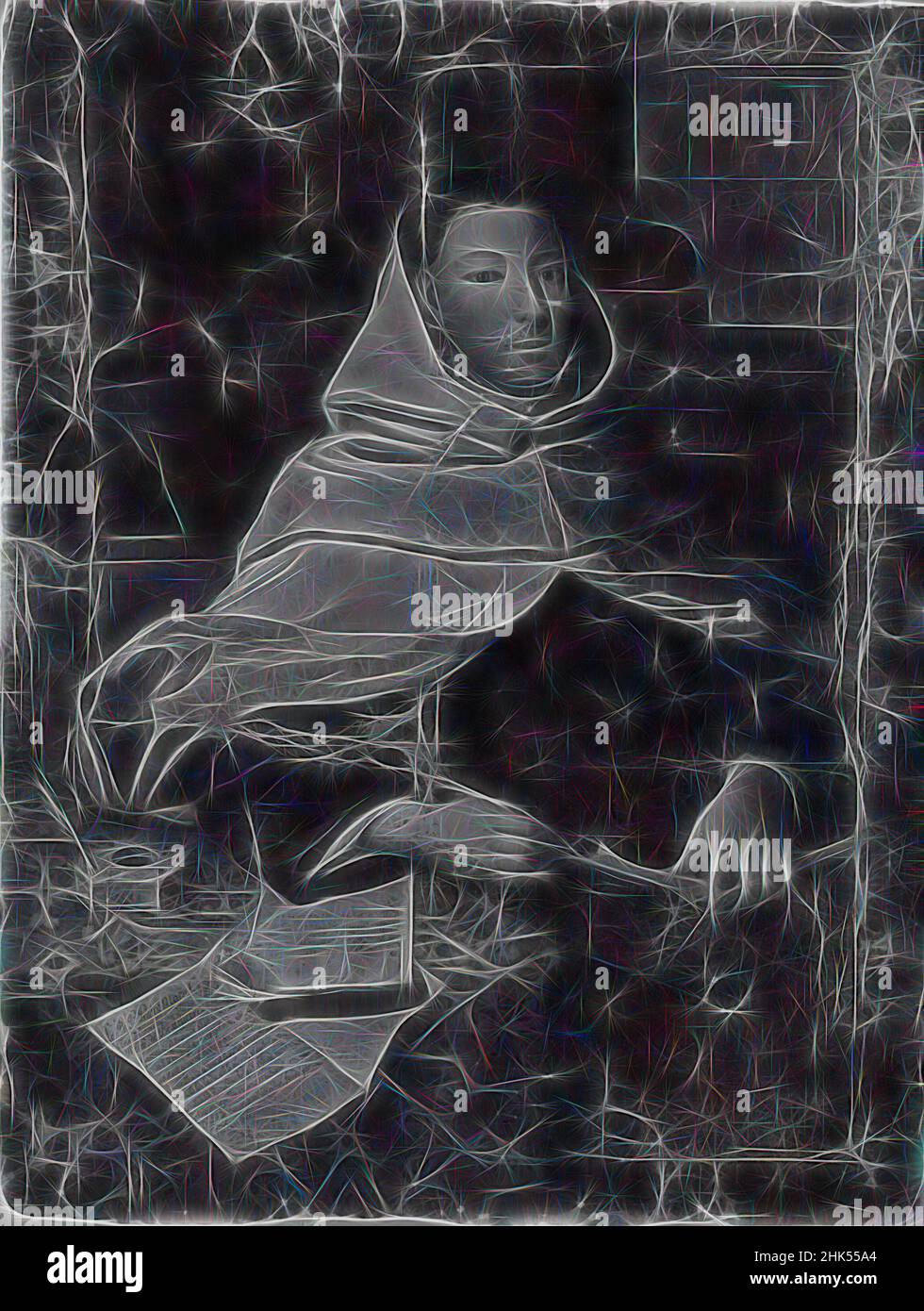 Ispirato dal Ritratto di un ecclesiastico, Scuola Francese, olio su tela, Francia, 18th secolo, 50 1/2 x 28 1/2 pollici, 128,3 x 72,4 cm, pittura francese, inchiostro, ritratto, quill, Reinventato da Artotop. L'arte classica reinventata con un tocco moderno. Design di calda e allegra luminosità e di raggi di luce. La fotografia si ispira al surrealismo e al futurismo, abbracciando l'energia dinamica della tecnologia moderna, del movimento, della velocità e rivoluzionando la cultura Foto Stock