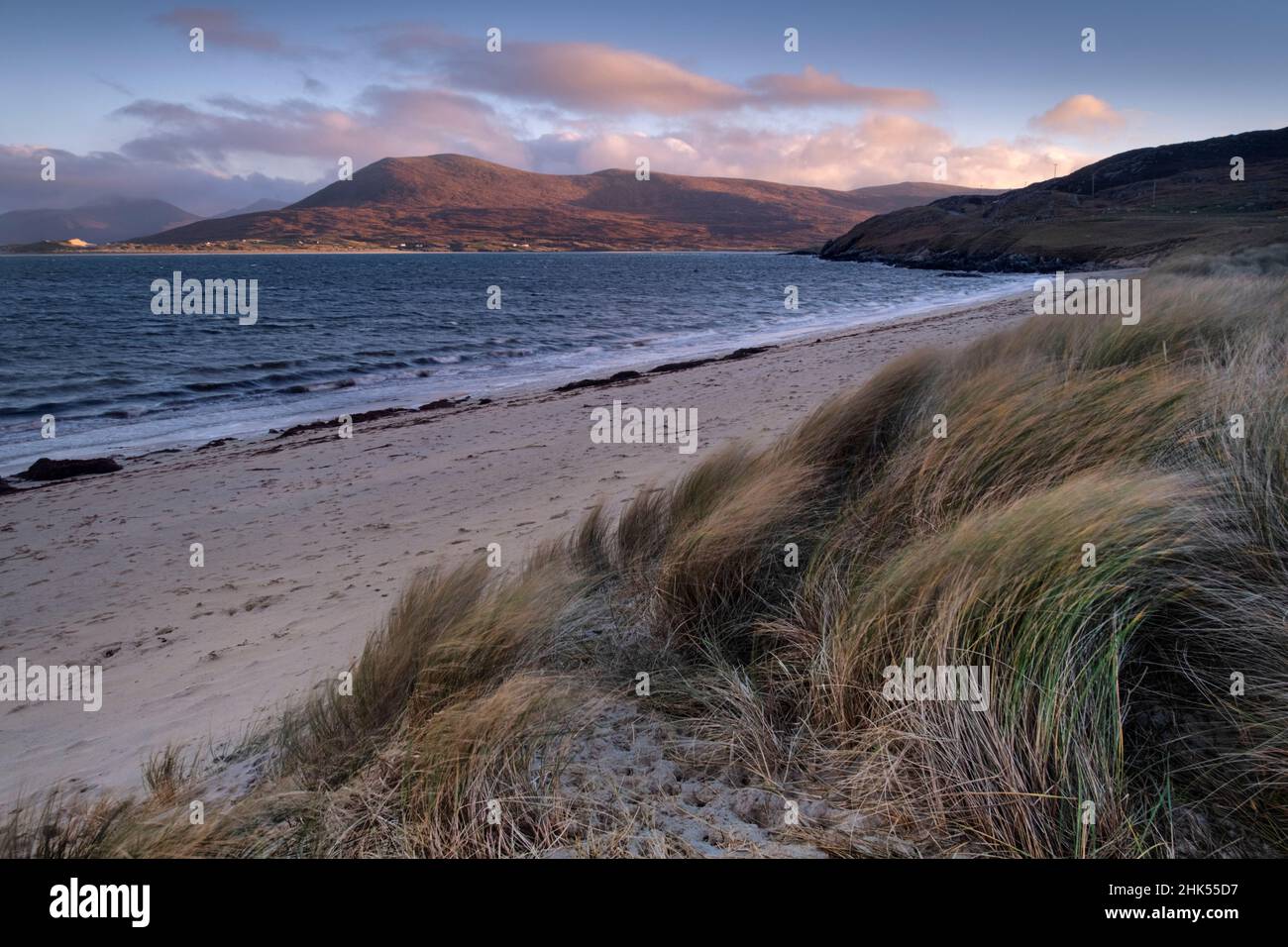 Horgabost Beach Marram Grass Dunes e Beinn Dhubh, Horgabost, Isola di Harris, Ebridi esterne, Scozia, Regno Unito, Europa Foto Stock